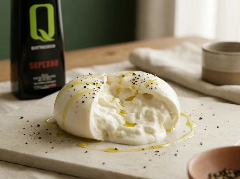 Burrata abierta mostrando su centro cremoso con un hilo de aceite de oliva