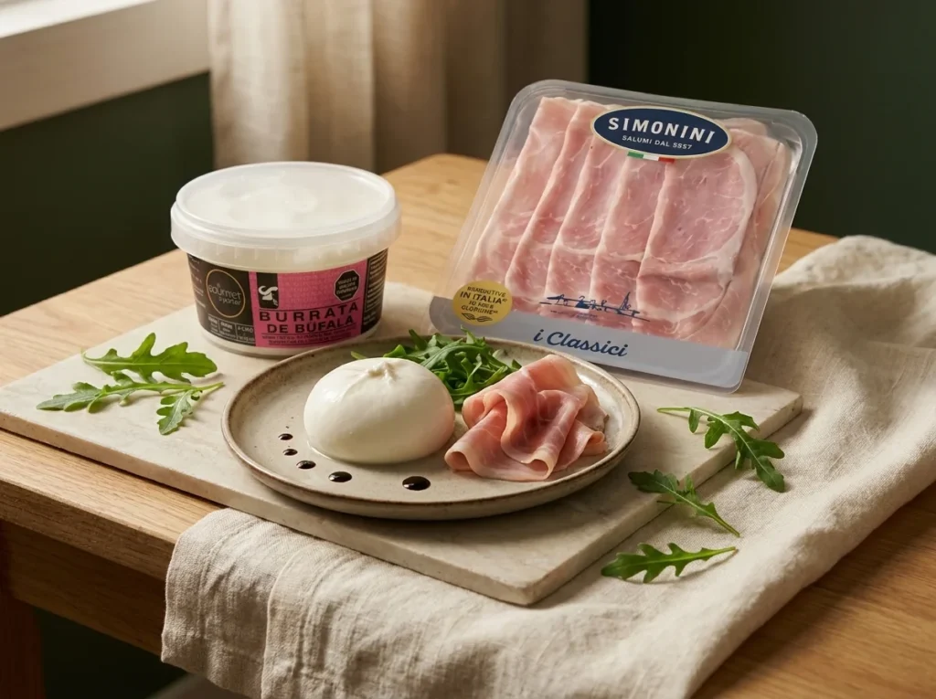 Burrata acompañada de lonchas de prosciutto italiano y reducción de balsámico