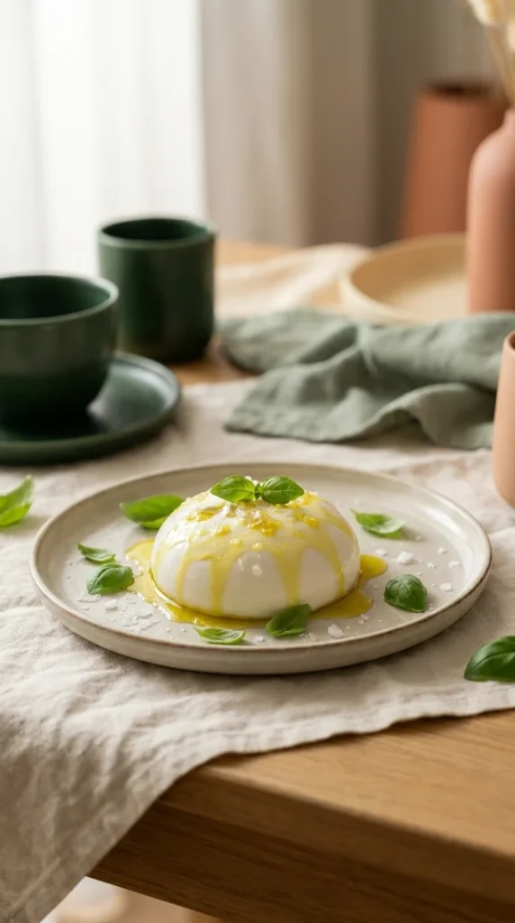 Burrata fresca de búfala servida entera en plato con aceite de oliva y albahaca
