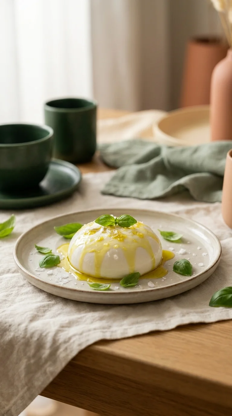 Burrata fresca de búfala servida entera en plato con aceite de oliva y albahaca