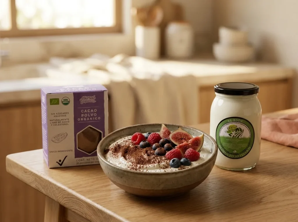 Bol de yogur griego con cacao en polvo espolvoreado y fruta fresca