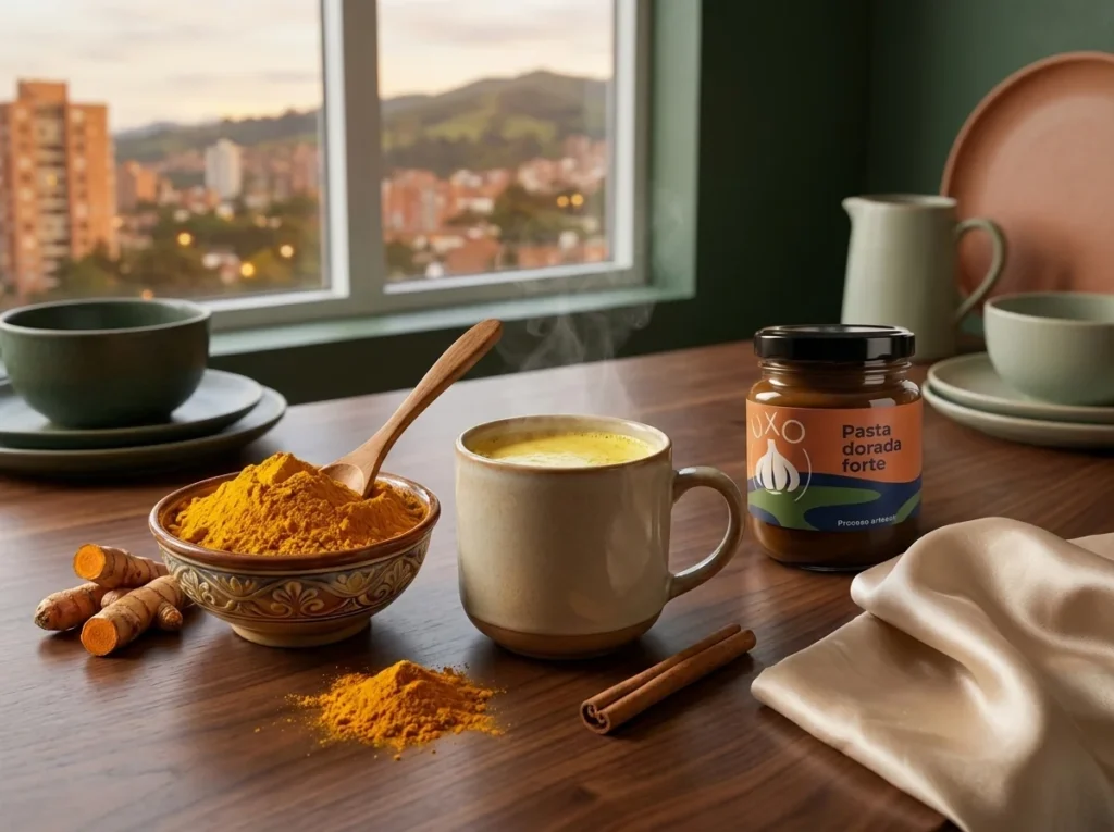 Taza de leche dorada con cúrcuma en polvo y canela sobre mesa de madera
