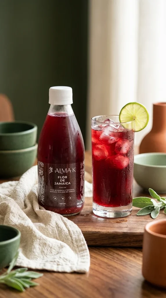 Botella de flor de jamaica Alma K junto a vaso servido con hielo