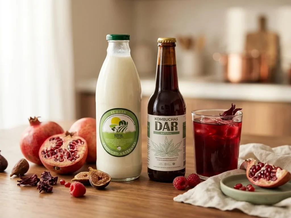 Flor de jamaica junto a kombucha y kéfir, bebidas naturales y funcionales
