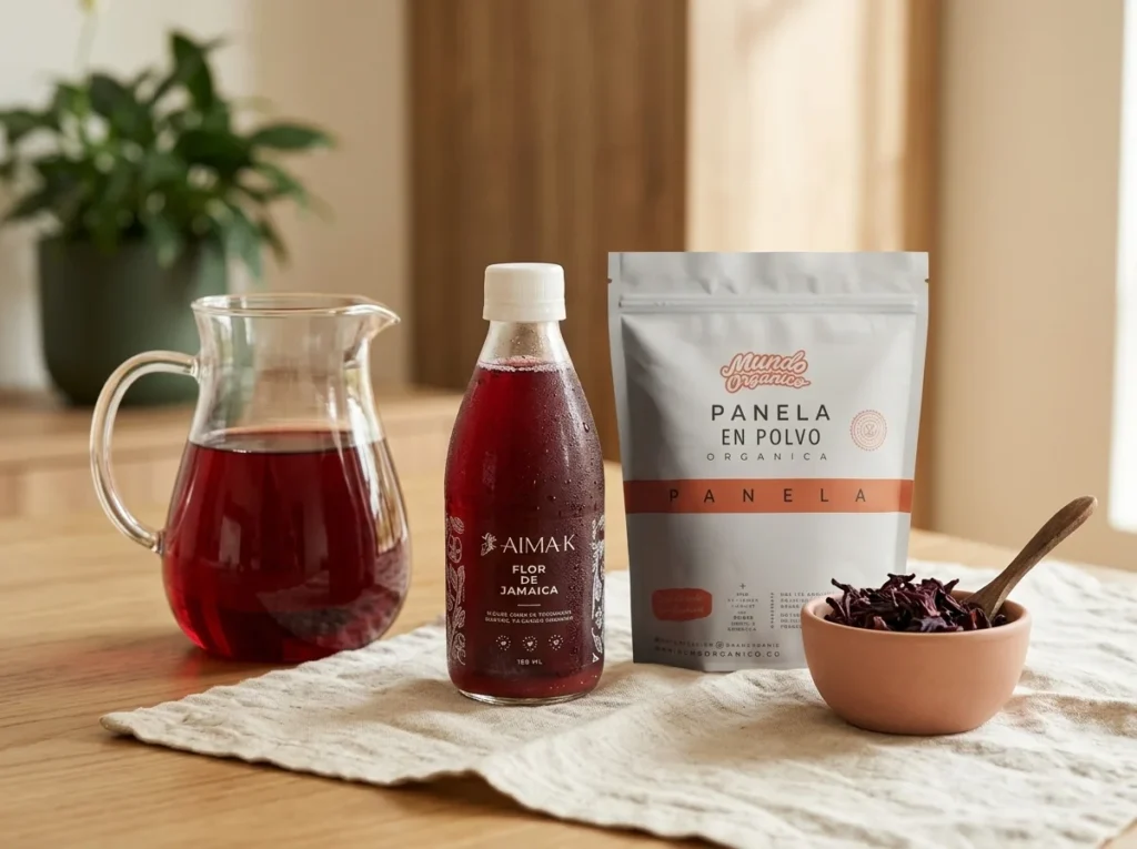 Jarra de infusión de flor de jamaica con panela en polvo para endulzar