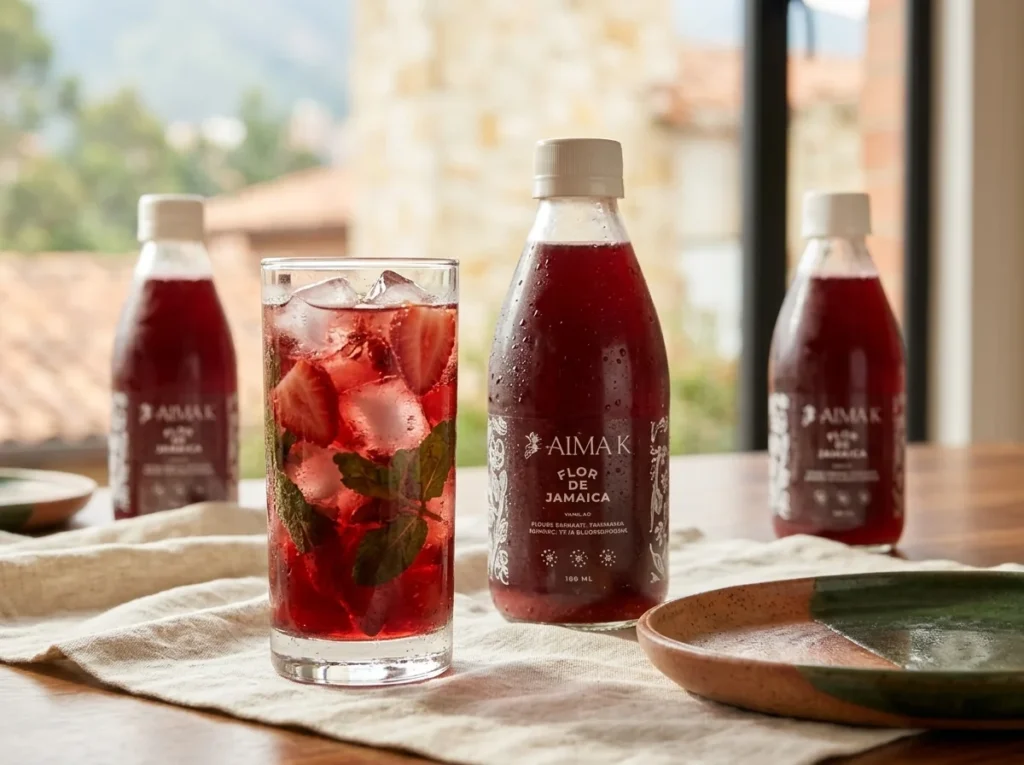 Vaso de flor de jamaica con hielo, menta y rodajas de fresa