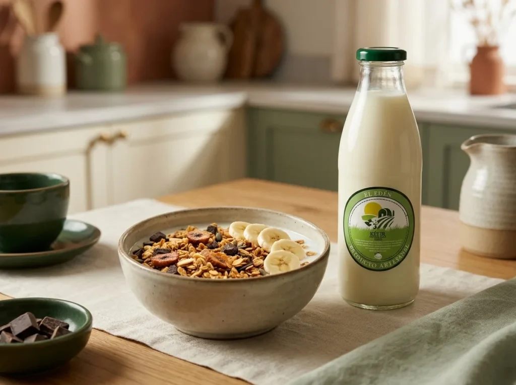 Bol de kéfir con granola artesanal chocobanano y banano en rodajas