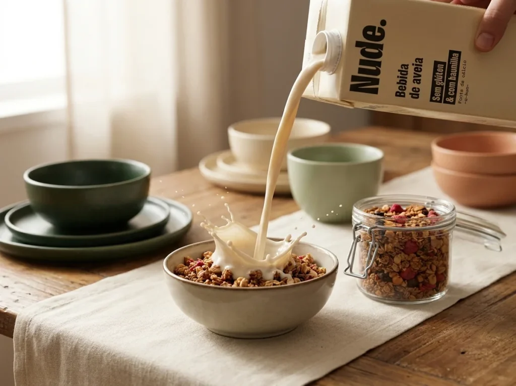 Leche de avena vertiéndose sobre un bol de granola artesanal crujiente