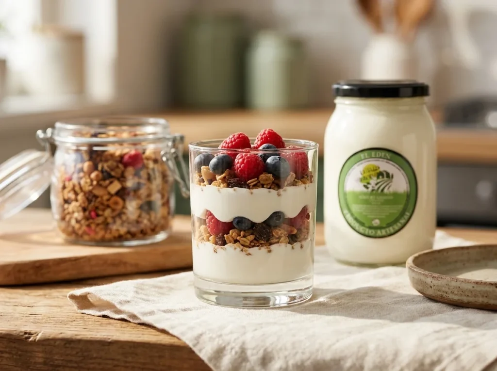 Parfait en vaso con capas de yogur griego, granola artesanal y frutos rojos