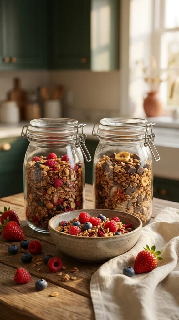 Granolas artesanales sin azúcar añadida de frutos rojos y chocobanano con bol servido