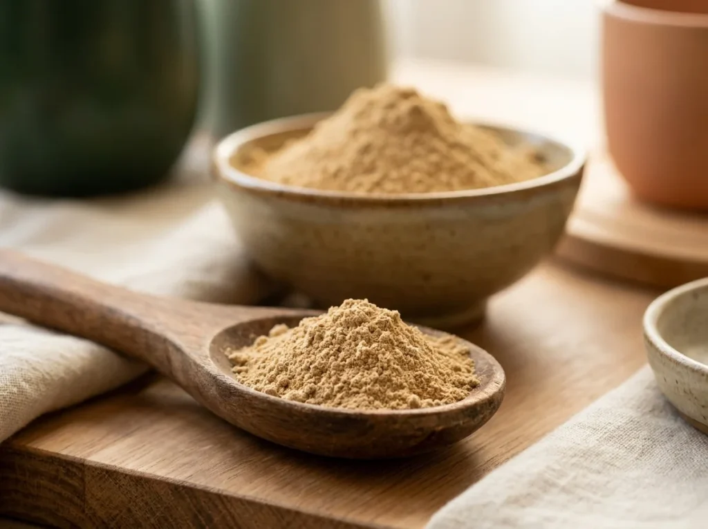 Maca en polvo premium servida en cuchara de madera junto a su empaque