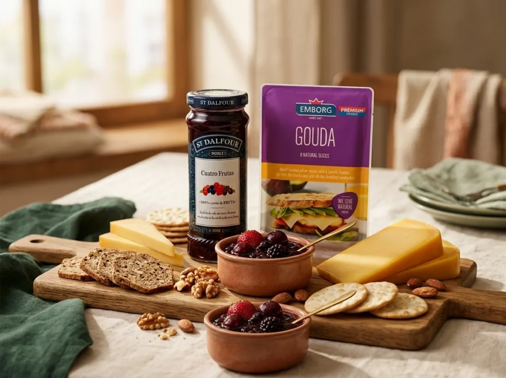 Tabla de quesos con gouda madurado y cuenco de mermelada premium al centro