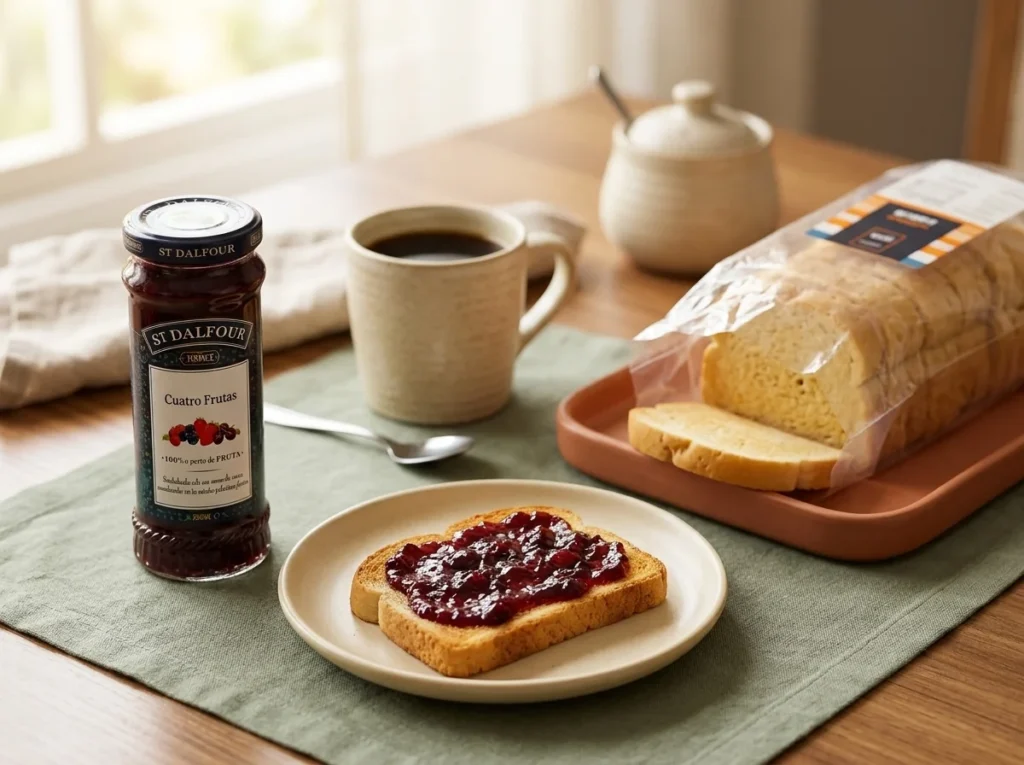 Tostada de pan de arroz untada con mermelada premium para el desayuno