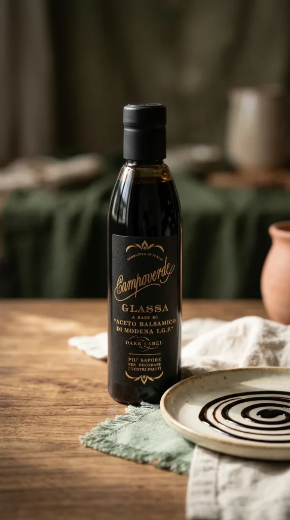 Botella de reducción de vinagre balsámico italiano con hilo sobre plato