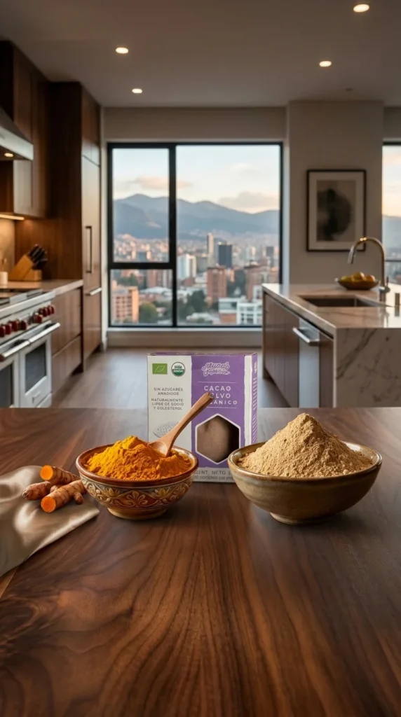 Superalimentos en polvo de maca, cúrcuma y cacao con sus cuencos sobre madera