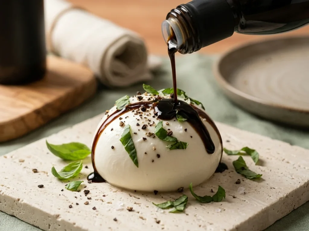 Reducción de vinagre balsámico cayendo sobre burrata fresca con albahaca