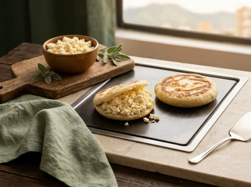 Arepas boyacenses en la plancha con queso campesino desmenuzado encima