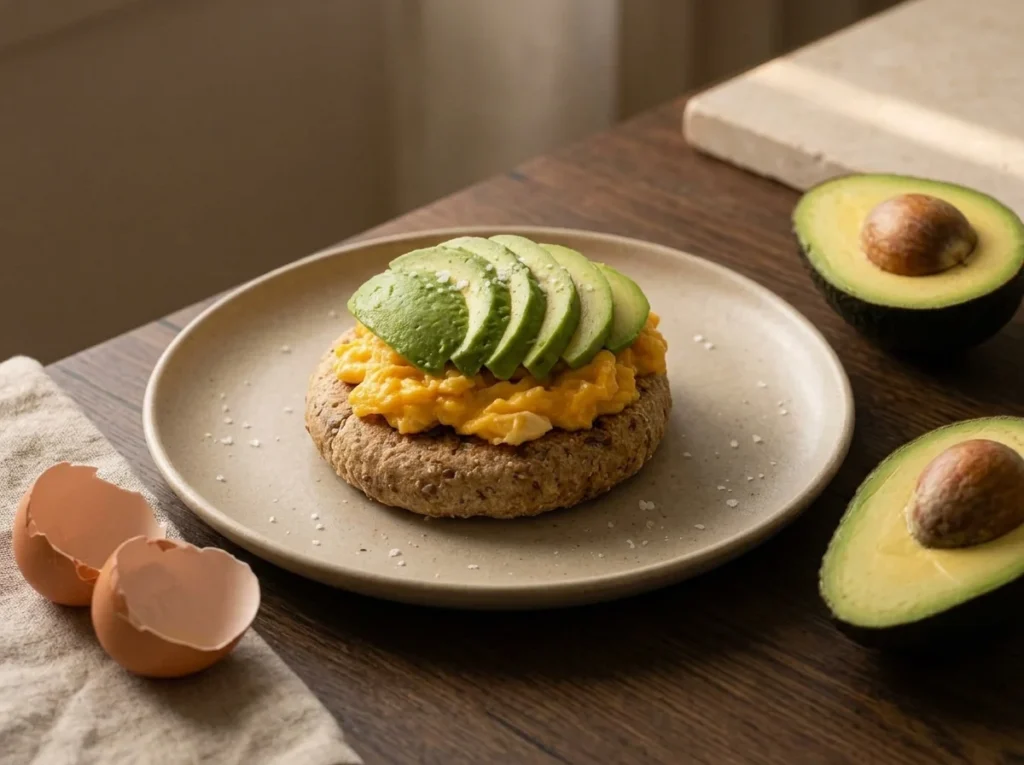Arepa integral servida con huevo campesino revuelto y aguacate en láminas
