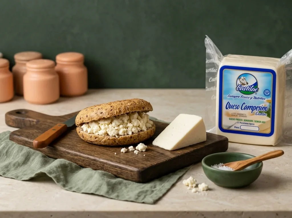 Arepa integral abierta y rellena con queso campesino desmenuzado sobre tabla de madera