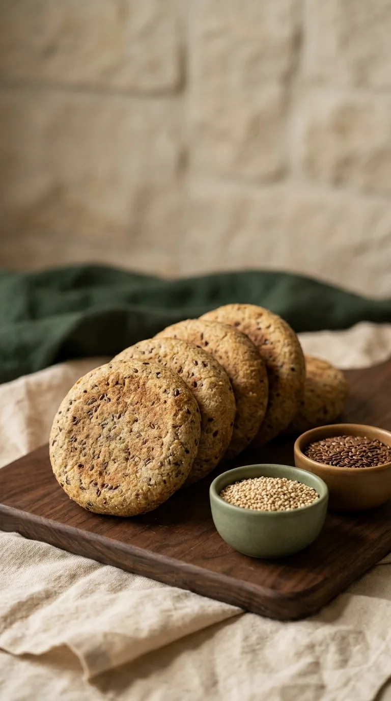 Arepas integrales con quinua y linaza apiladas en tabla de madera junto a cuencos de semillas