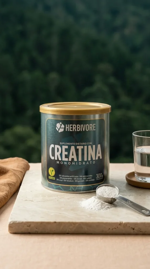 Envase de creatina monohidratada Herbivore con cuchara medidora y vaso de agua