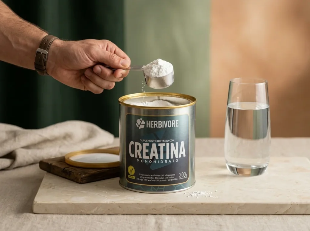 Cuchara medidora sirviendo creatina monohidratada en polvo junto a un vaso de agua