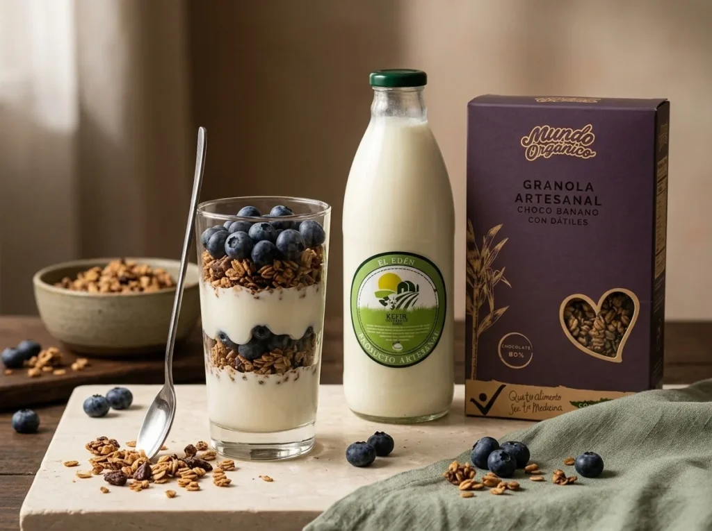 Vaso de parfait con capas de kéfir, granola chocobanano y arándanos orgánicos
