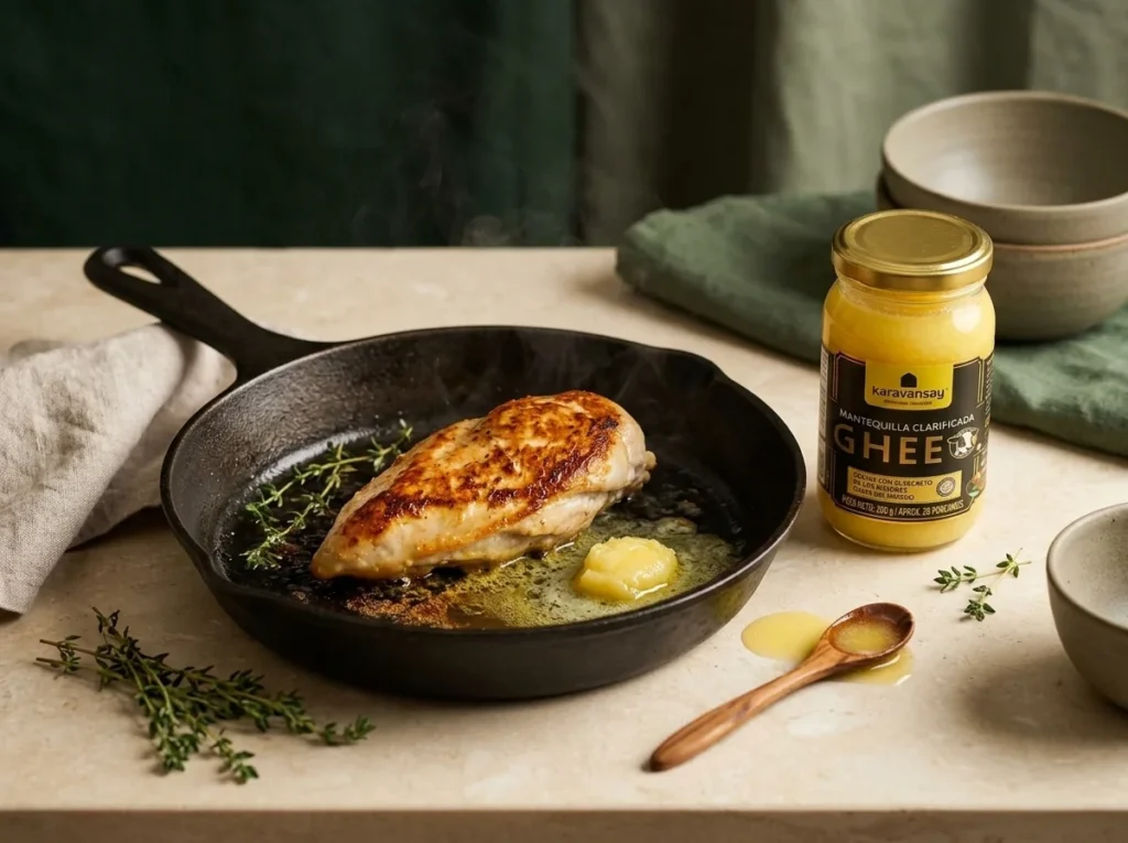 Pechuga de pollo dorándose en sartén de hierro con mantequilla ghee y tomillo