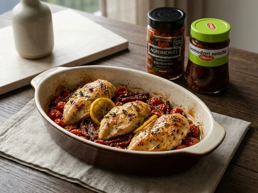 Pechugas de pollo al horno sobre tomate cherry semiseco y tomate seco con limón