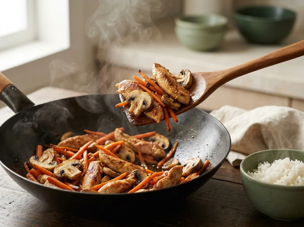Tiras de pechuga de pollo salteadas con champiñones y zanahoria en wok, con arroz al lado