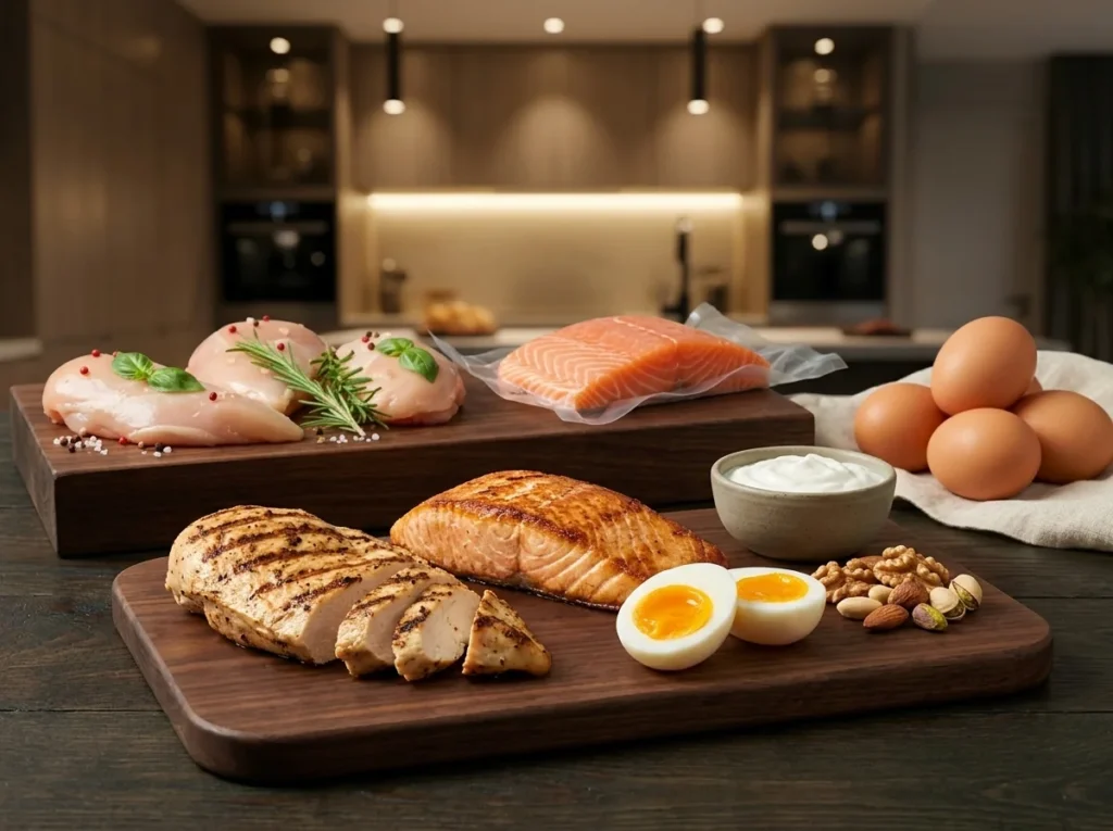 Tabla con pechuga de pollo, salmón en porción y huevos campesinos partidos como fuentes de proteína