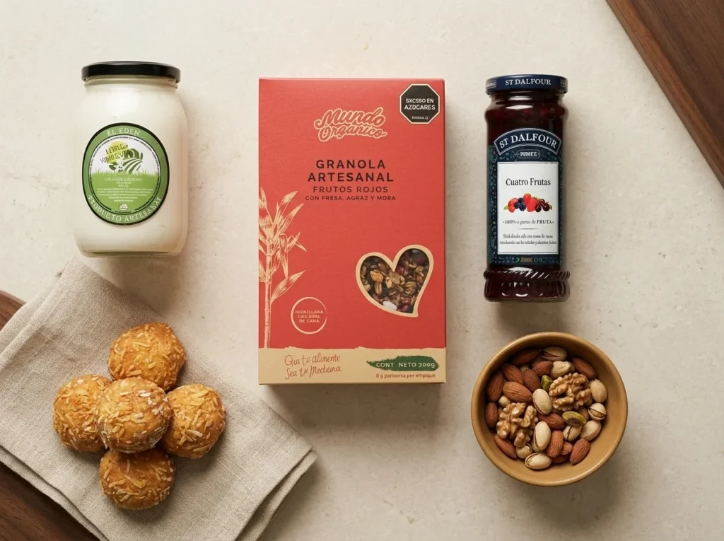 Las cinco piezas de un desayuno sorpresa: yogur griego, granola, mermelada, mogollas y frutos secos