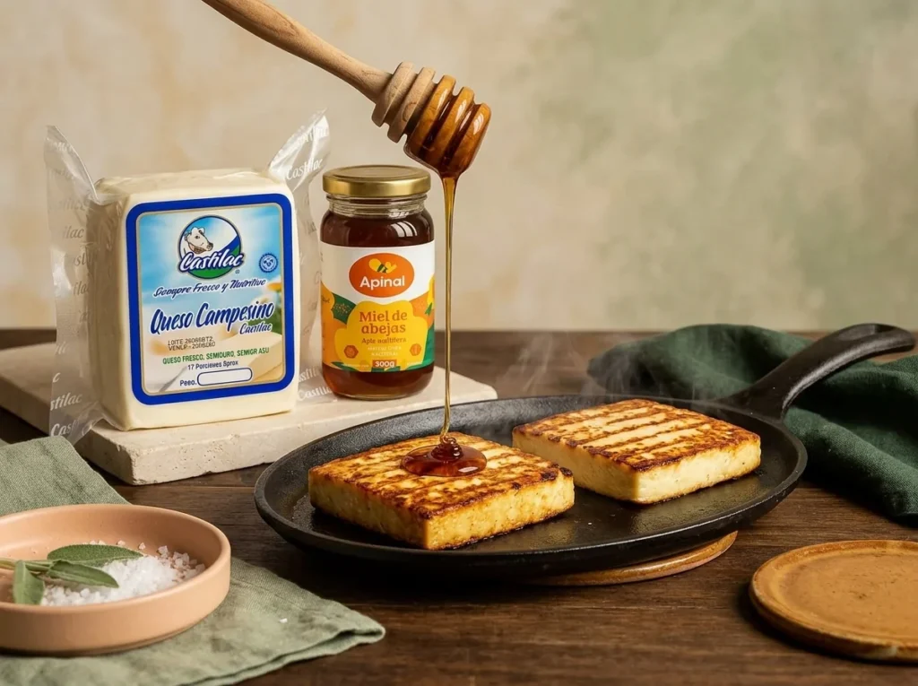 Tajadas de queso campesino asadas a la plancha con hilo de miel de abejas cayendo encima