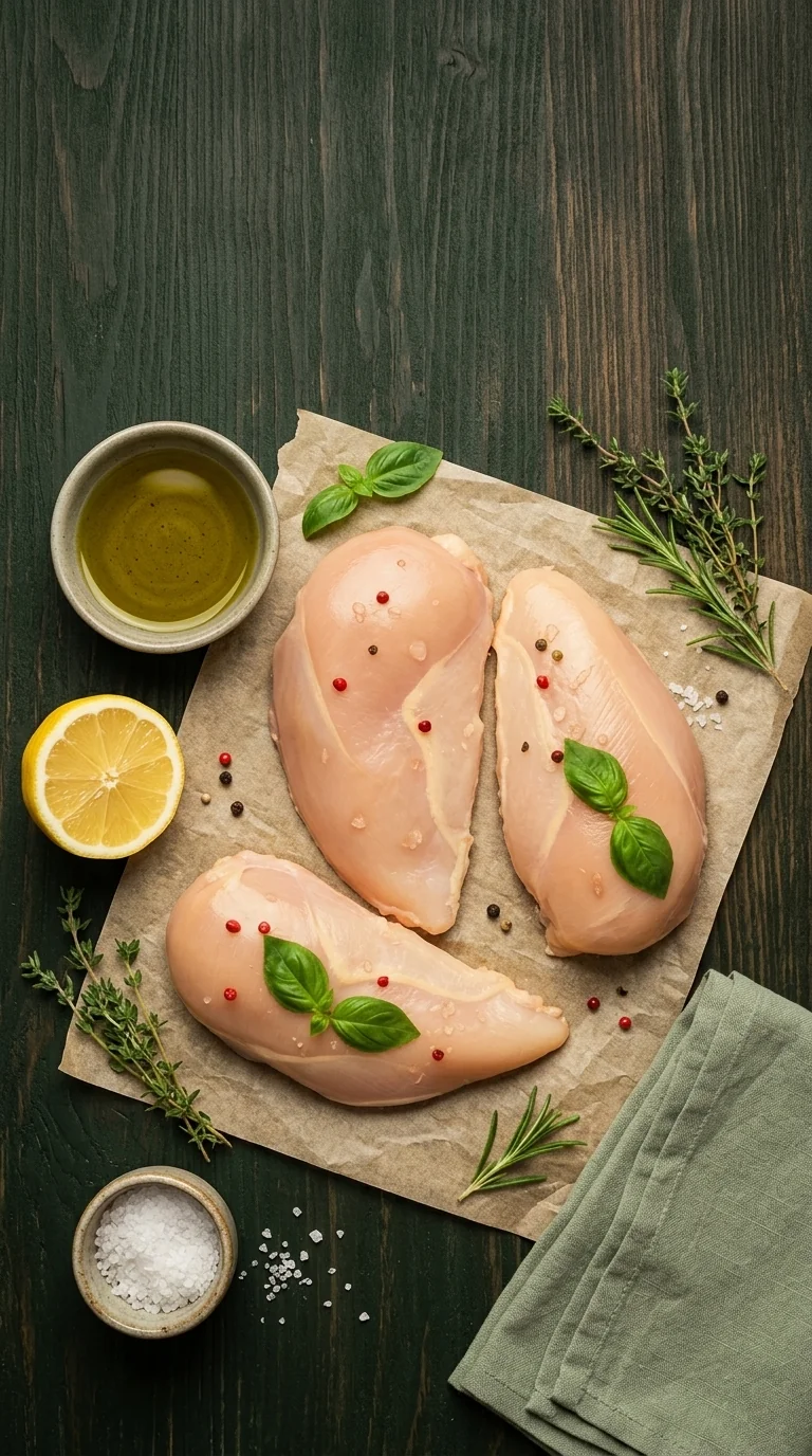 Filetes de pechuga de pollo campesino crudos sobre tabla con limón, aceite de oliva y hierbas