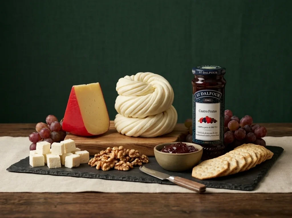 Tabla de quesos con queso campesino en cubos, gouda madurado, momposino y mermelada