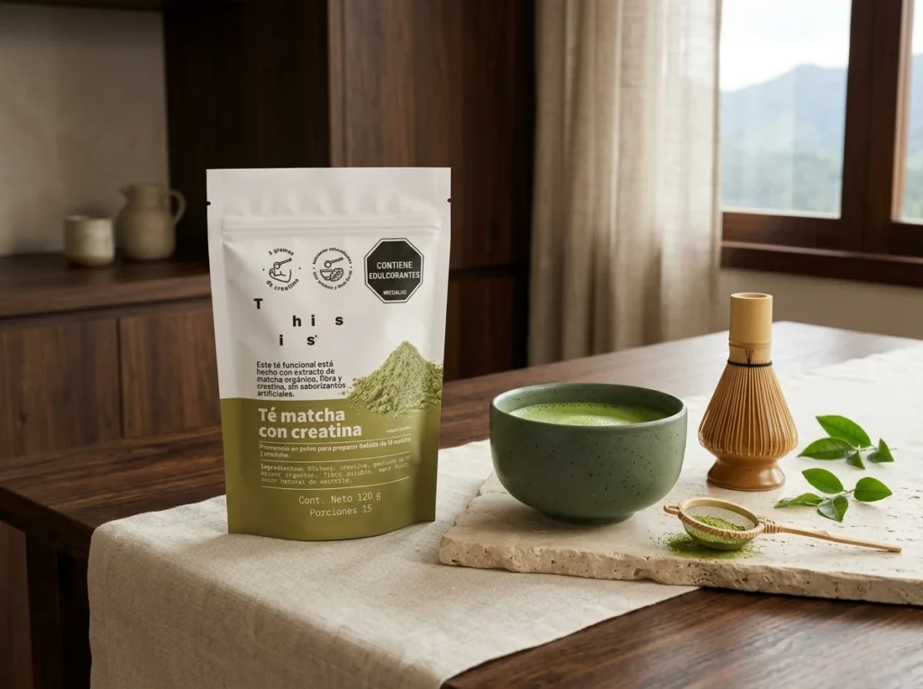 Té matcha con creatina Astra preparado en bol de cerámica con batidor de bambú