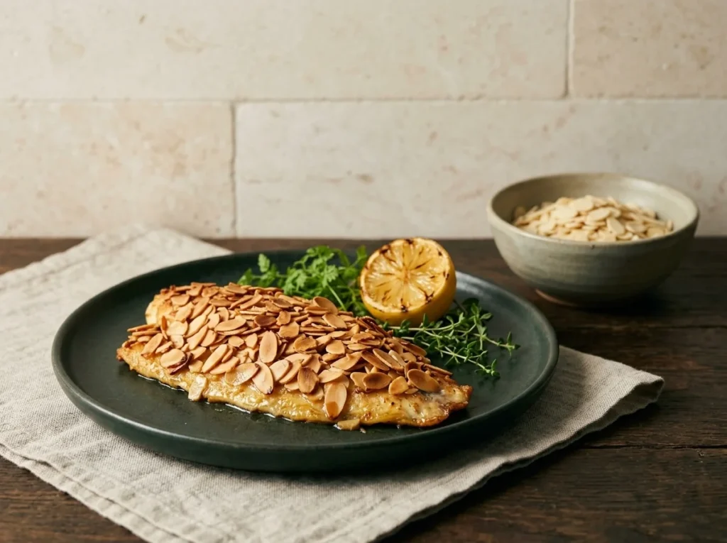 Filete de tilapia horneado con costra dorada de almendras laminadas y limón asado