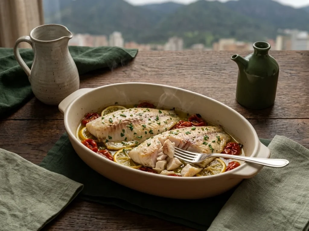 Fuente de tilapia al horno con tomate cherry semiseco, rodajas de limón y perejil