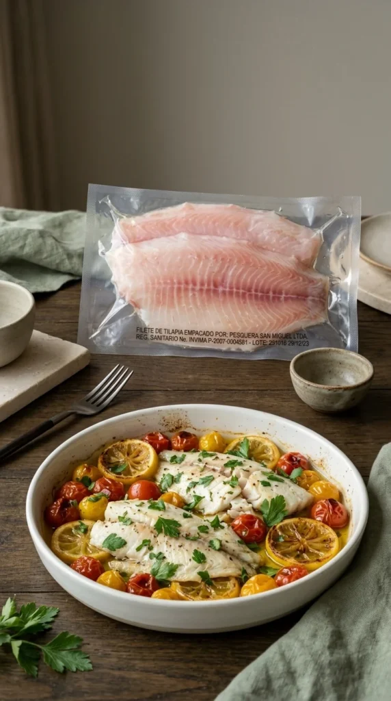 Filetes de tilapia de exportación empacados al vacío junto a una fuente de tilapia al horno