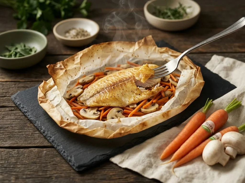 Tilapia en papillote abierta al vapor sobre zanahoria en juliana y champiñones