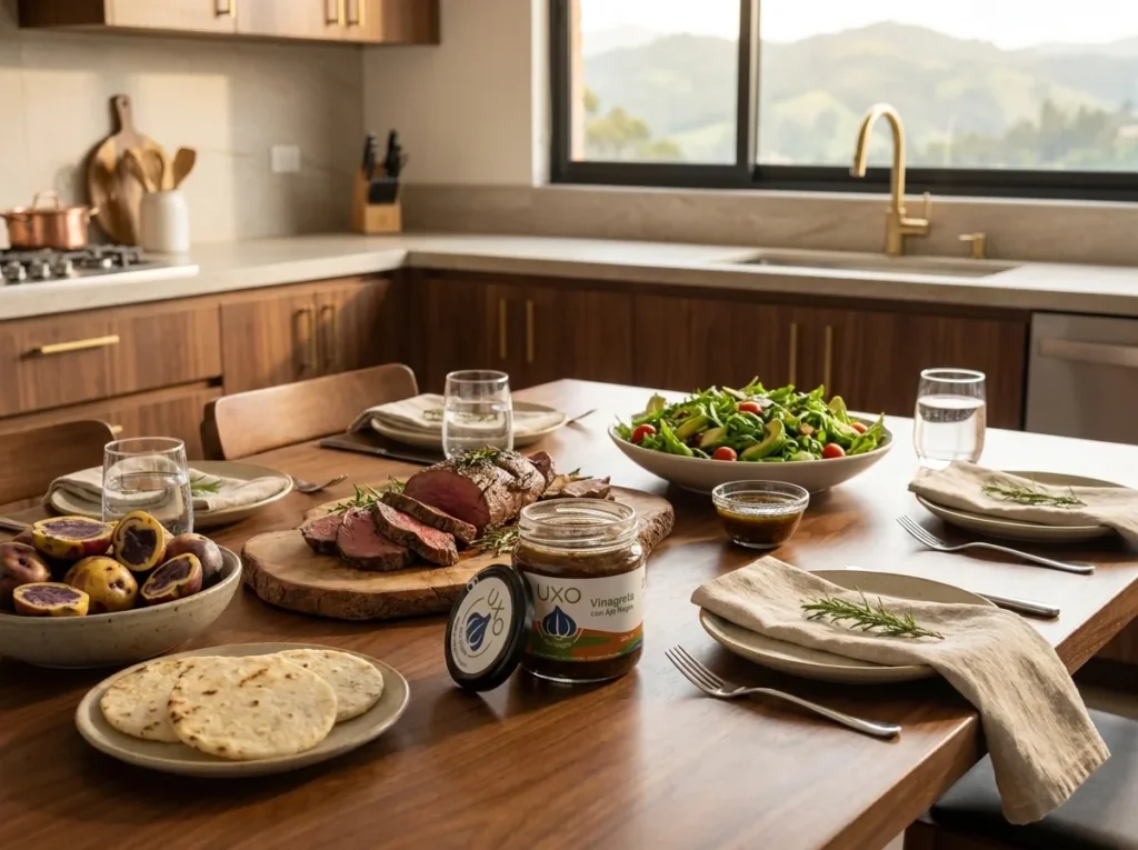 Mesa con carne asada, papa nativa, arepas de peto y ensalada con vinagreta de ajo negro