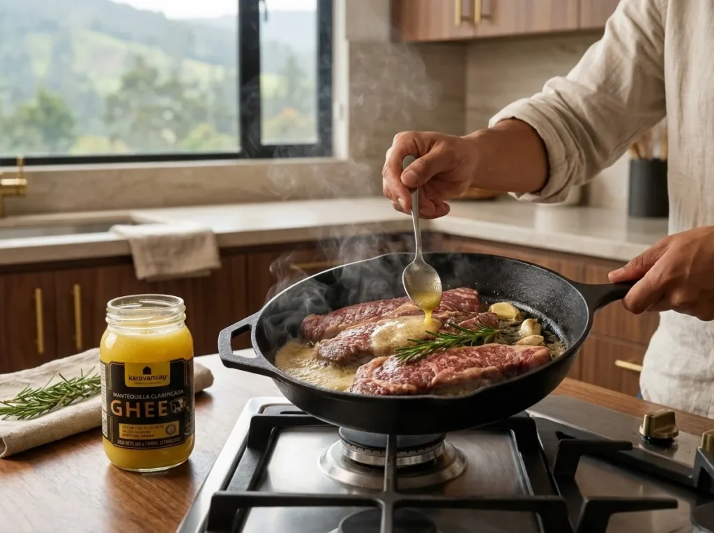 Tiras de carne de res sellándose en sartén de hierro con ghee, ajo y romero