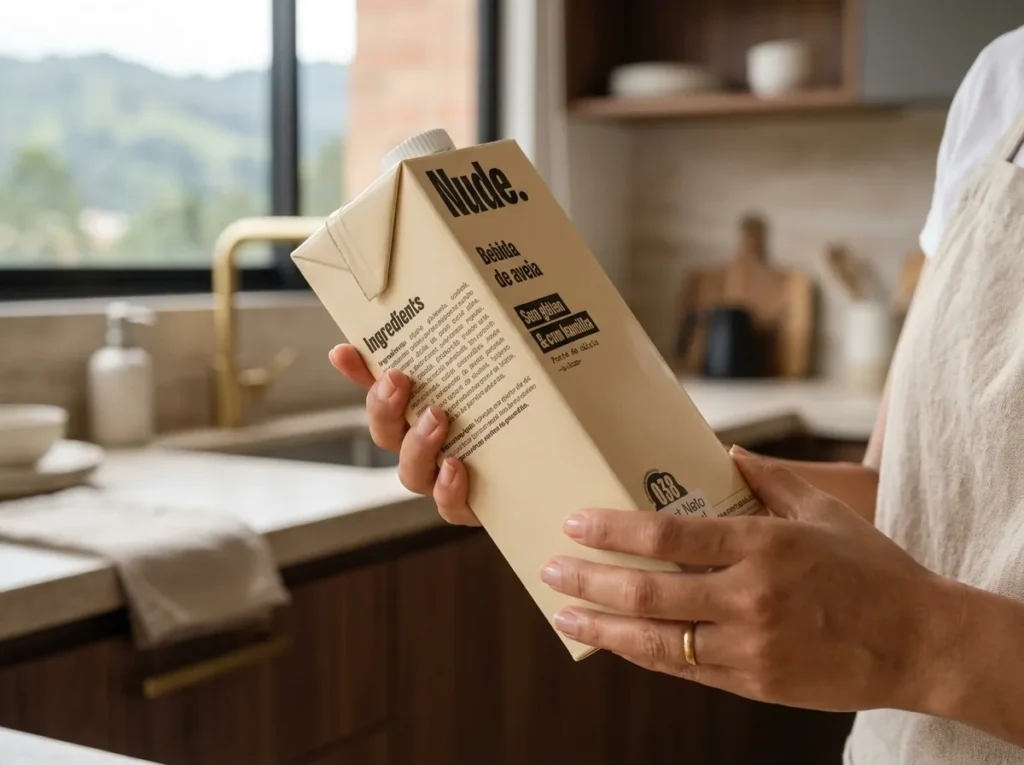 Manos sosteniendo una caja de leche de avena para leer la etiqueta