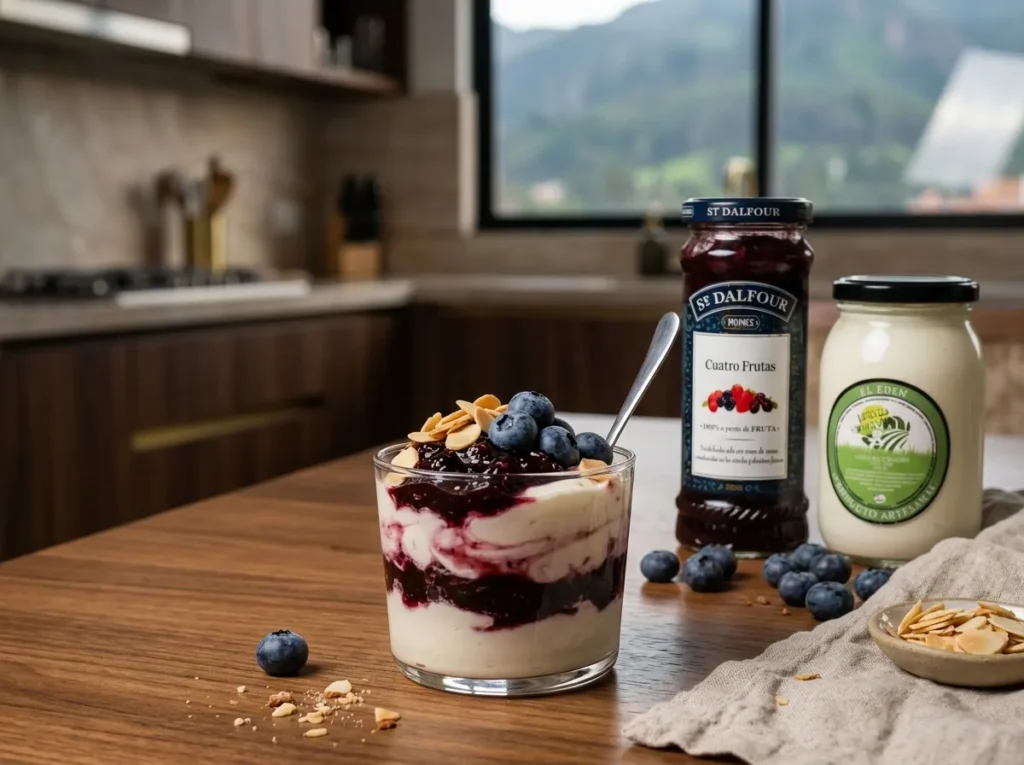 Copa de yogur griego con mermelada sin azúcar añadida, arándanos y almendras