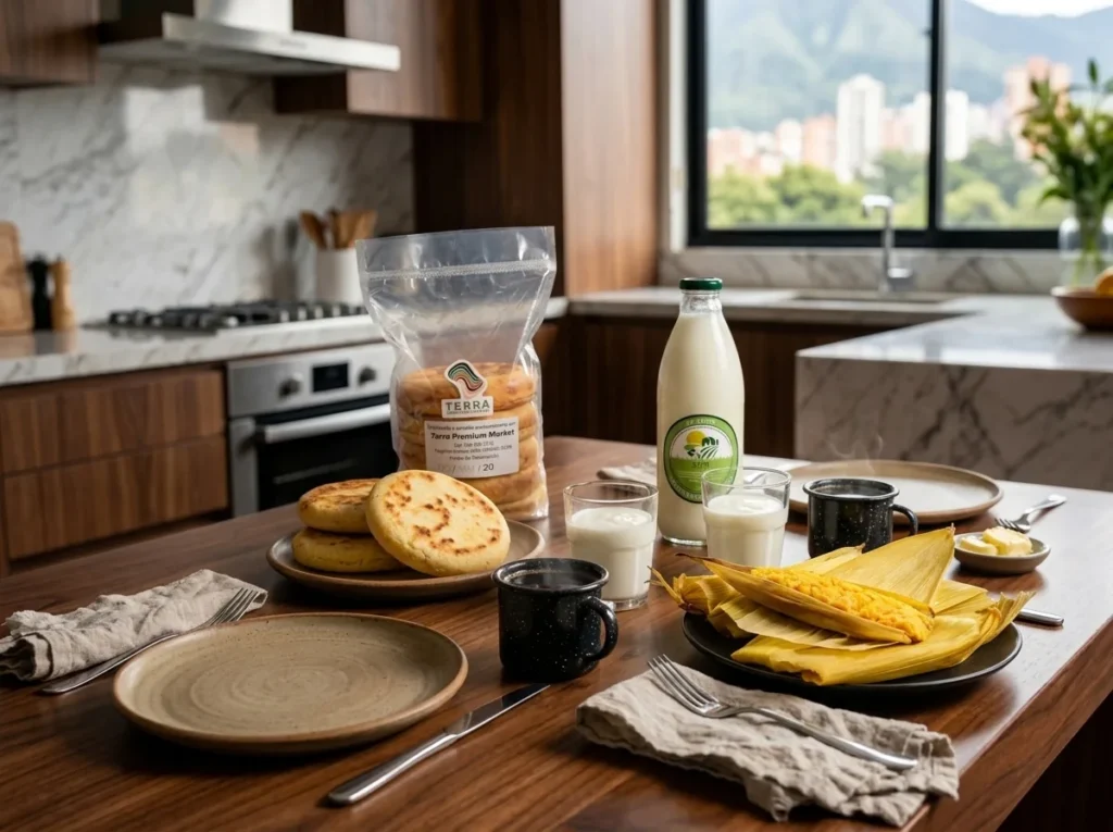 Desayuno colombiano con arepas boyacenses, envueltos de mazorca y kéfir