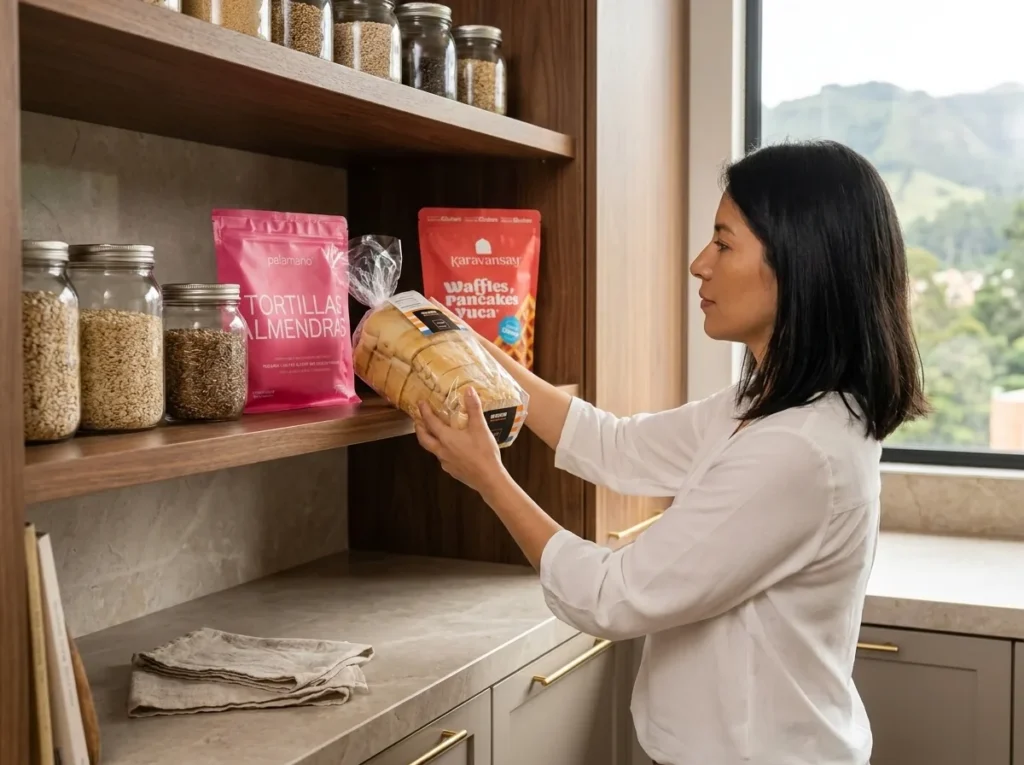 Estante de despensa organizado solo con productos sin gluten