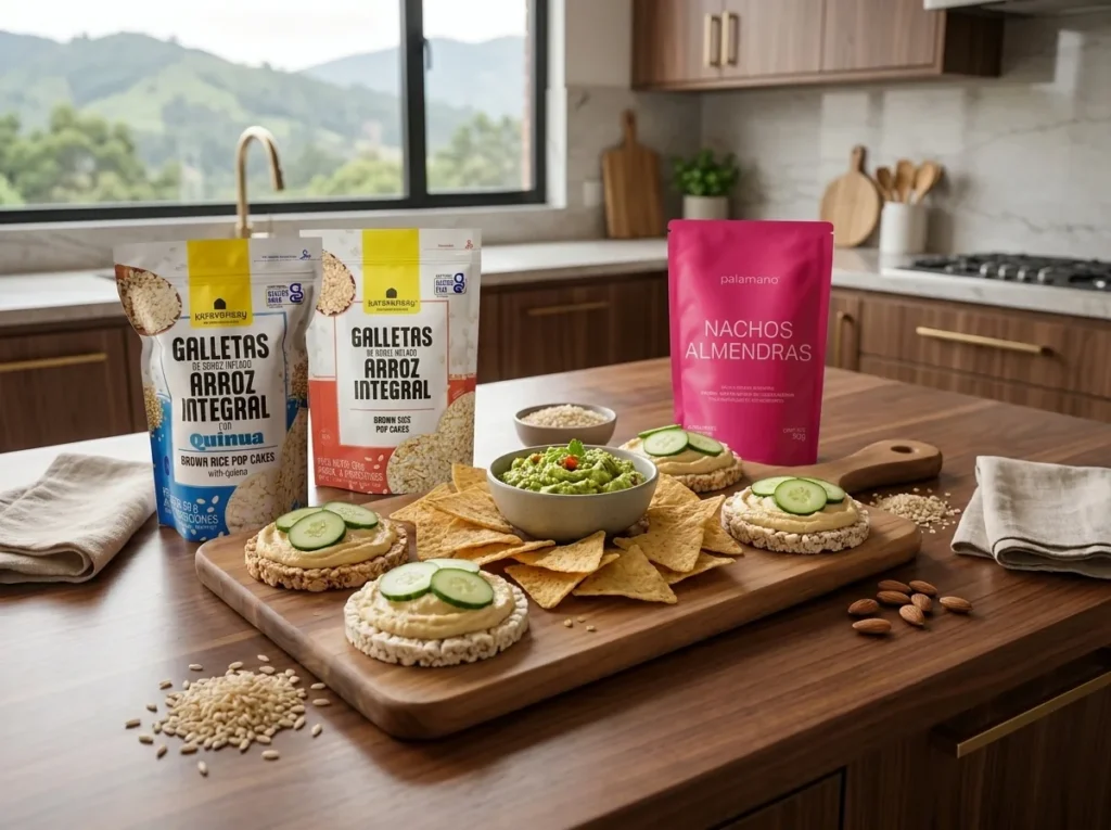 Galletas de arroz y nachos de almendra con guacamole para picar sin gluten