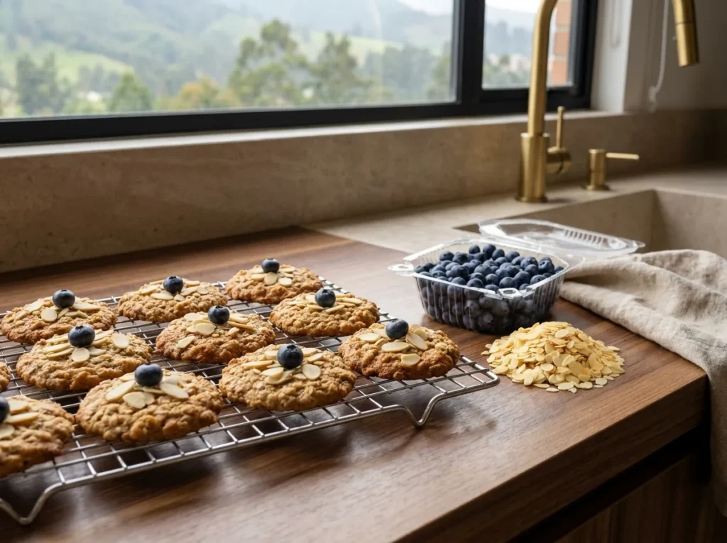 Galletas de avena, banano y almendra enfriándose con arándanos frescos