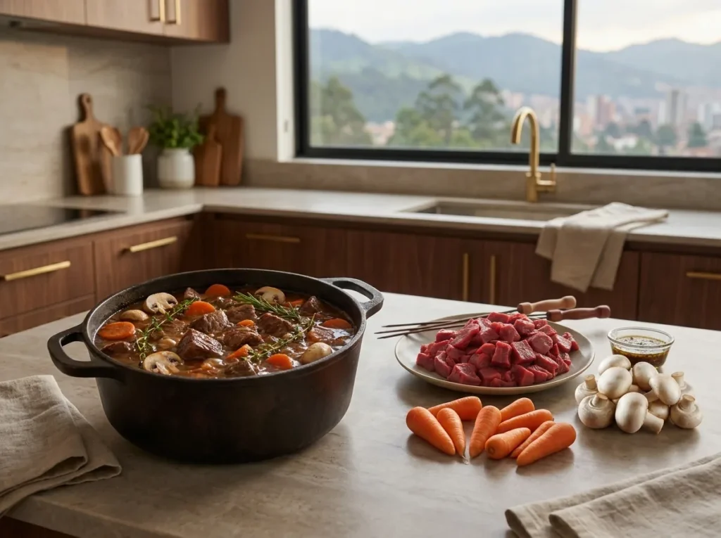 Guiso de carne madurada de res en cubos con champiñones y zanahoria