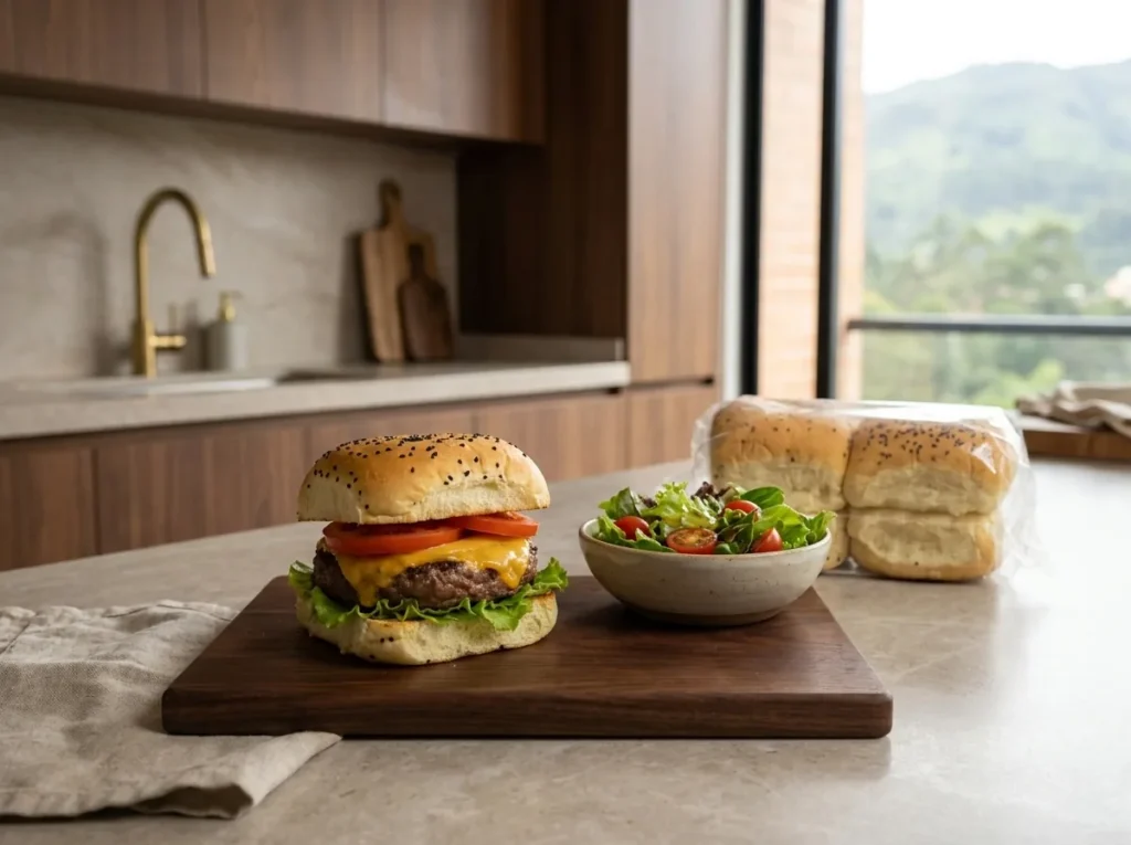 Hamburguesa casera en pan de arroz con ajonjolí negro
